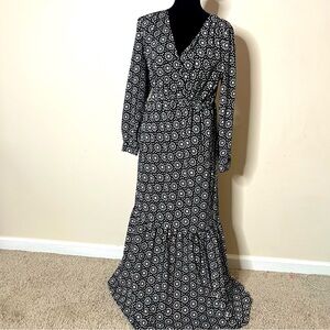 YUMI Women’s Black/White Floral V~Neck Long‎ Sleeve Peplum Hem Maxi Dress Sz L